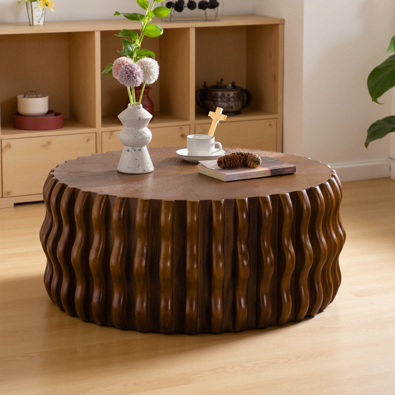 Drum Fluted Modern Round Coffee Table, Mid Century Circle Center Table with Sturdy Pedestal for Living Room and Bedroom
