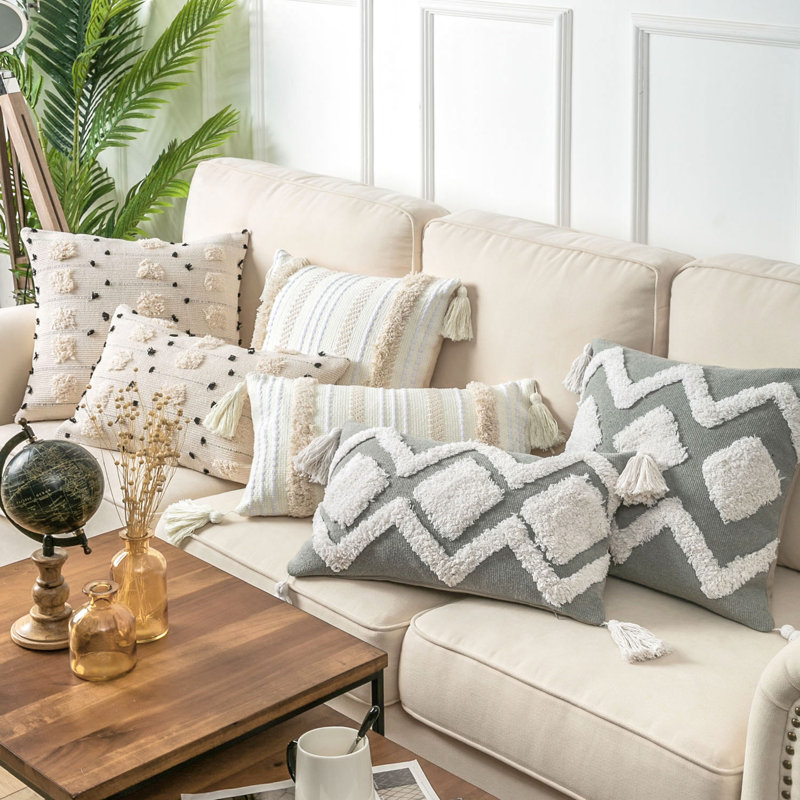 Boho Beige and Black Geometric Square Throw Pillow Set