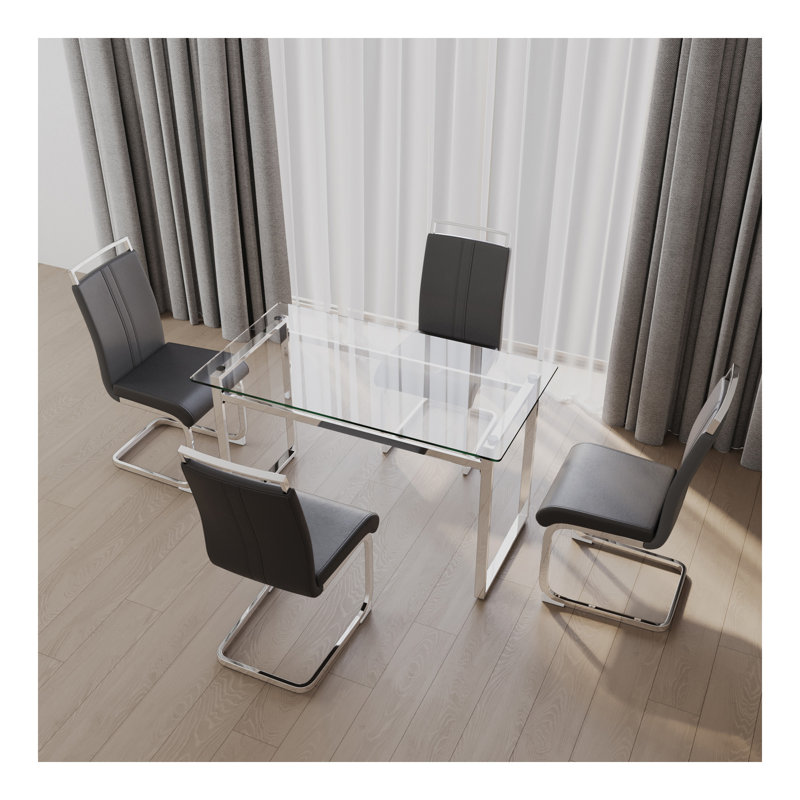 Ensemble de table de salle à manger de 51 pouces en verre pour 4 personnes, ensemble de table de salle à manger et chaises avec pieds plaqués pour la cuisine, plateau de table rectangulaire moderne en verre trempé et chaise de salle à manger en polyu