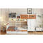 Lit superposé simple au-dessus d'un lit double en bois avec garde-robe, tiroirs, tablettes et lumière DEL (blanc + orange)