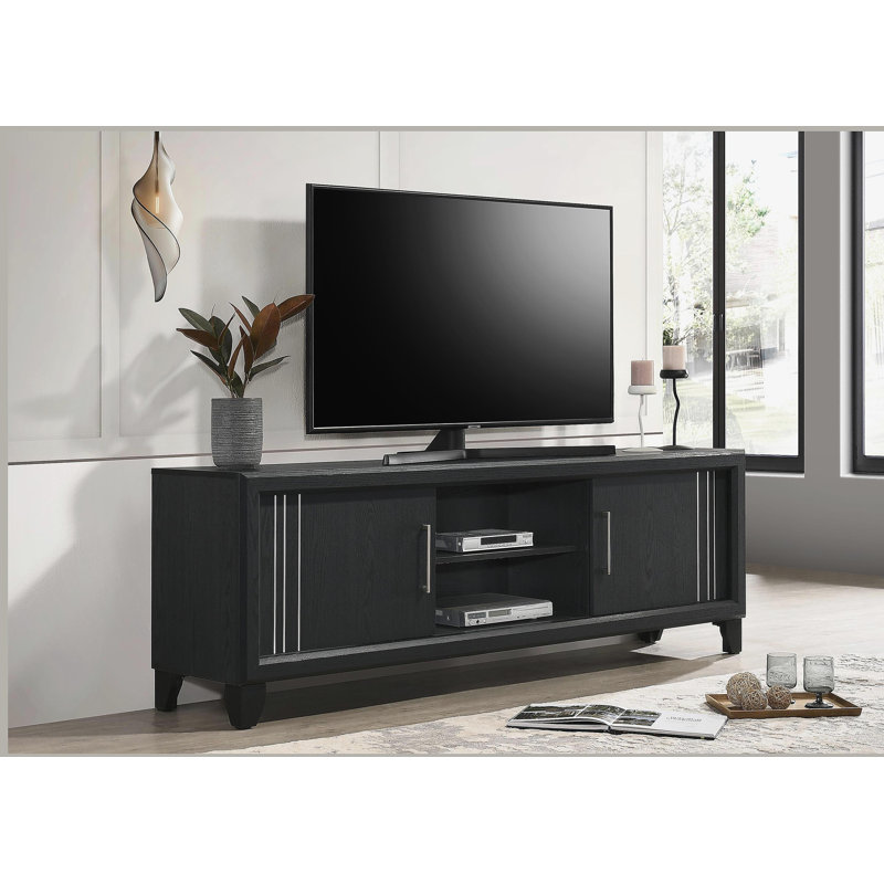Meuble télé en bois avec console multimédia et tablettes ouvertes, Gris anthracite