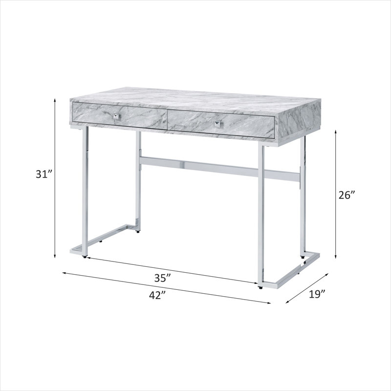 Bureau d'écriture en faux marbre blanc avec tiroirs de rangement et gestion des câbles pour le bureau personnel