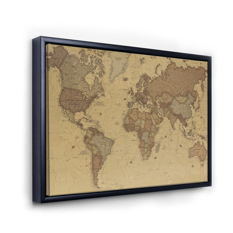 Ancienne carte du monde III - reproduction de cadre flottant sur toile, H 12 po x l 20 po x p 1 po, Noir