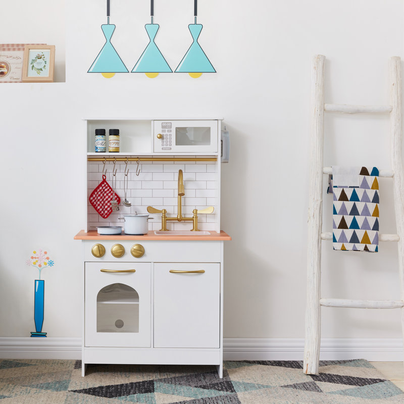 Teamson Kids Little Chef Boston Wooden Pretend Play Kitchen Set with Oven, Microwave and Acessory Set, White