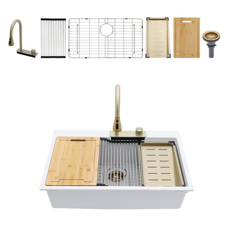 Évier de cuisine encastré à cuve en granite composite avec lavabo encastré blanc