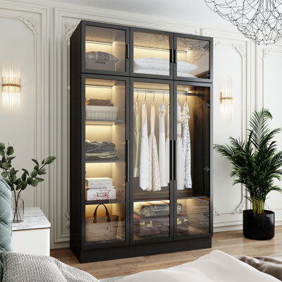 190cm Black 6-Door Wardrobe with Iron-Framed Tempered Glass Doors & LED