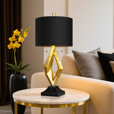 25.5in Gold Nightstand Resin Lamps With Black Shades Set Of 2