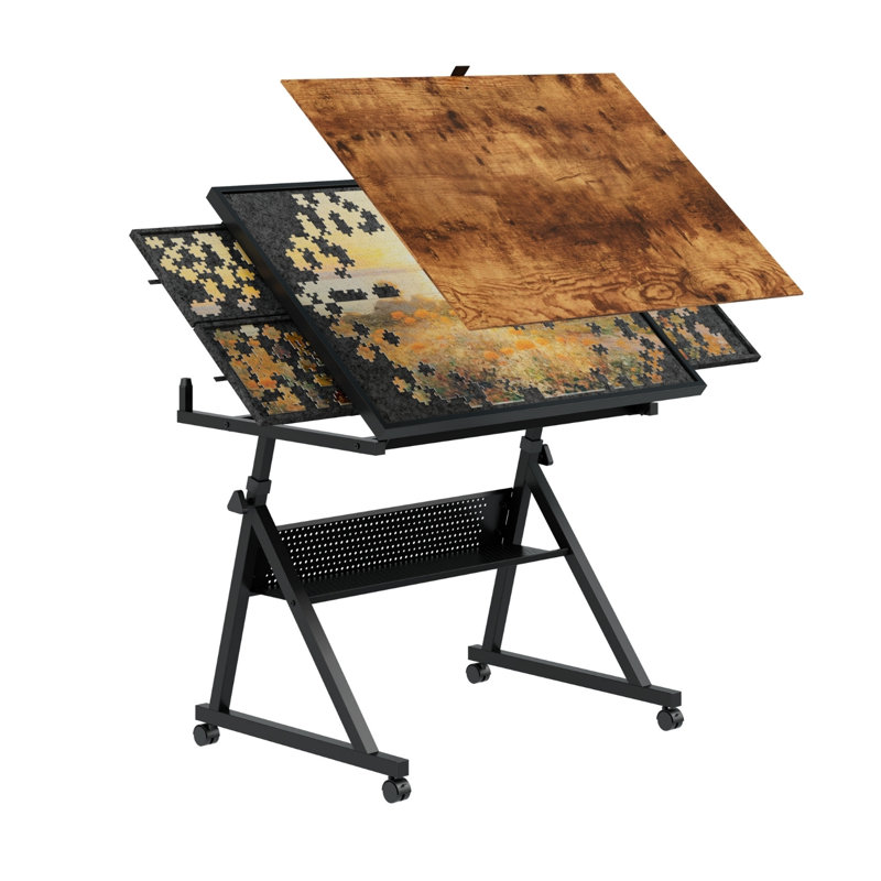 Table de puzzle noire - hauteur et inclinaison réglables, plateaux en feutre, rangement, Brun / Noir