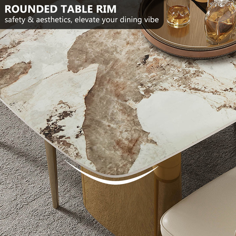 71" Luxury Dining Table with Random Natural Pattern Sintered Stone Top & Metal Base, Modern Rectangular Dining Table, Elegant Kitchen Dining Room Furniture,8-chair