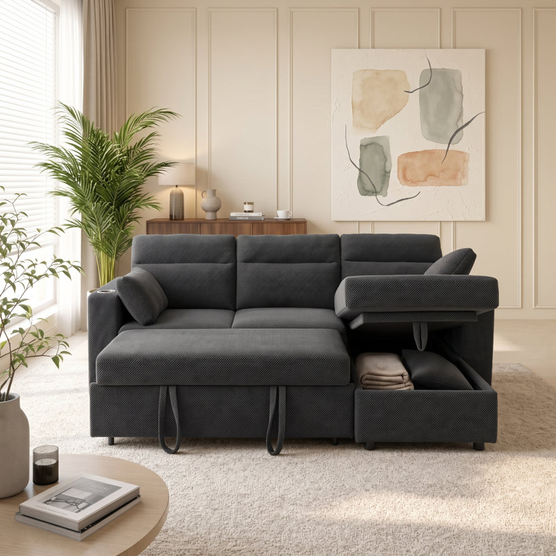 Canapé-lit modulaire convertible en tissu avec méridienne 82,5 po, 3 sièges, Gris