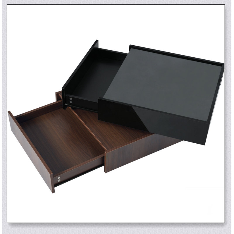 Multi-functional Square 360°Rotating Coffee Table with 2 Drawers, High Gloss 2-Tier Centre Table