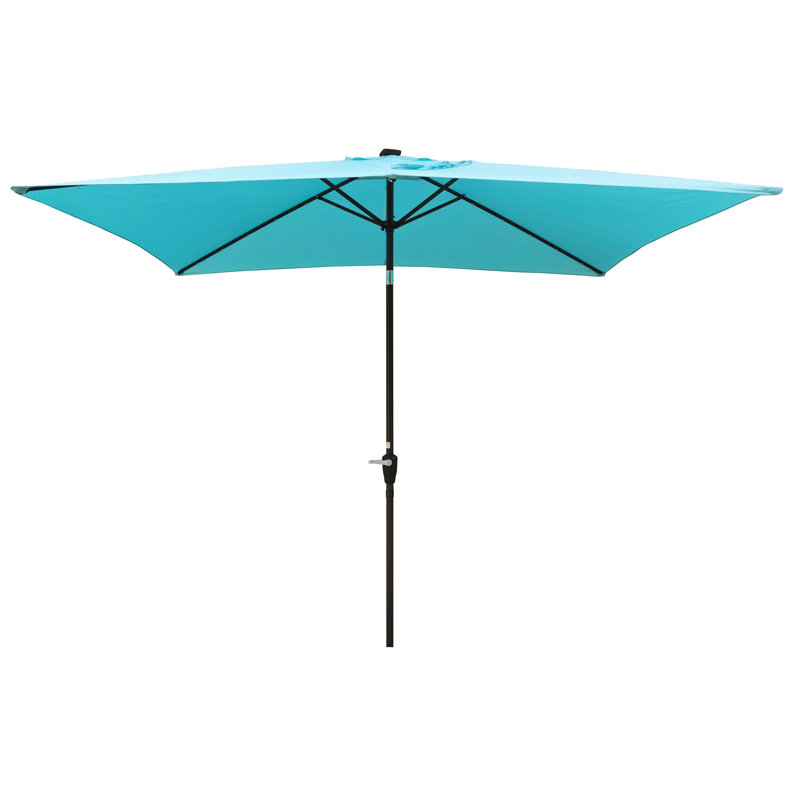 Parasol rectangulaire de patio 10 pi x 6,5 pi - Turquoise, lumières à DEL alimentées à l'énergie solaire, protégé, manivelle et bouton-poussoir inclinable pour l'extérieur de la piscine turquoise avec décoloration, nage dans la cour arrière