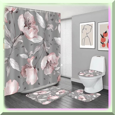 Floral Grey Leaf Shower Set: Pink & Grey Fabric Curtain, Non-Slip Rugs, Lid Cover, Bath Mat - Waterproof Bathroom Decor Kit