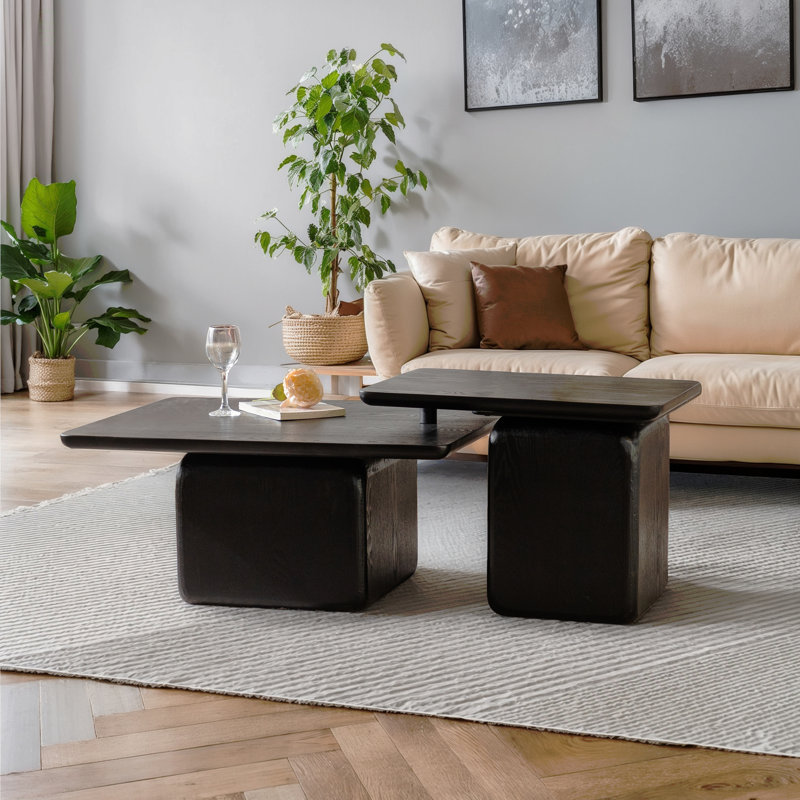 Ensemble de tables basses carrées de style rétro avec finition grain de bois, pour le salon, le bureau et la salle à manger (ensemble de 2)