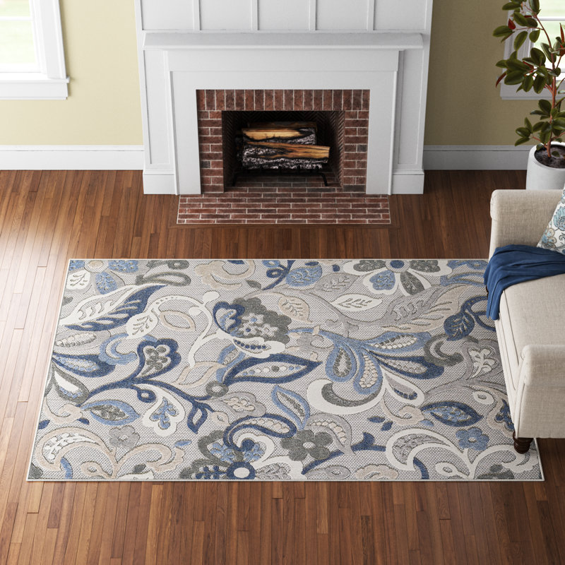 Tapis d'intérieur / extérieur Gahanna, Rectangle 6 pi 7 po x 9 pi, Gris te bleu