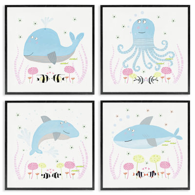Ensemble de 4 giclées encadrées Floral Baby Sea Creatures, par Carla Daly