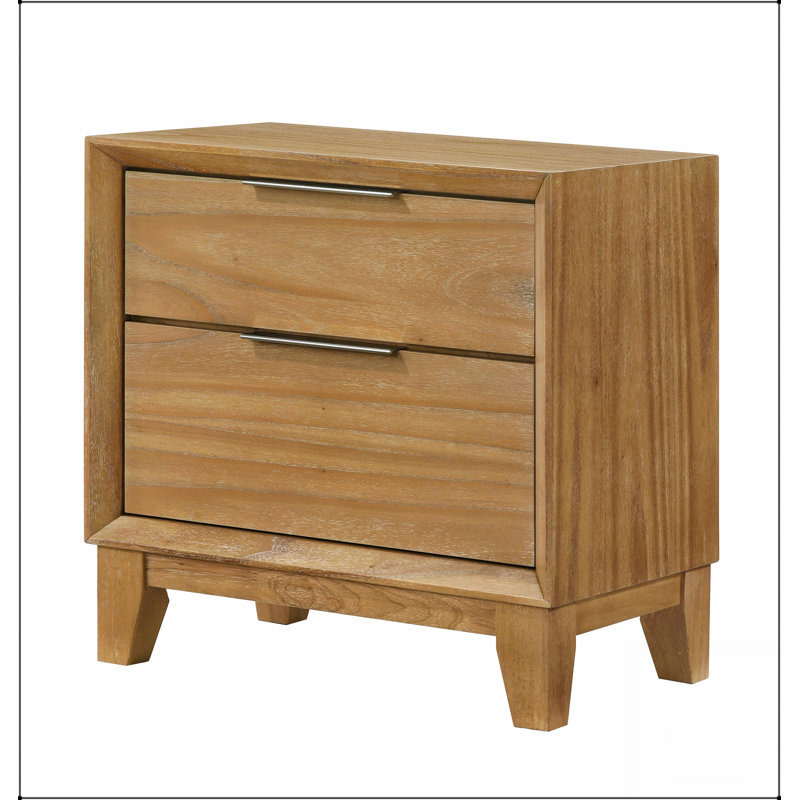 Table de chevet contemporaine à 2 tiroirs avec finition naturelle, structure robuste et rangement spacieux pour les chambres modernes.