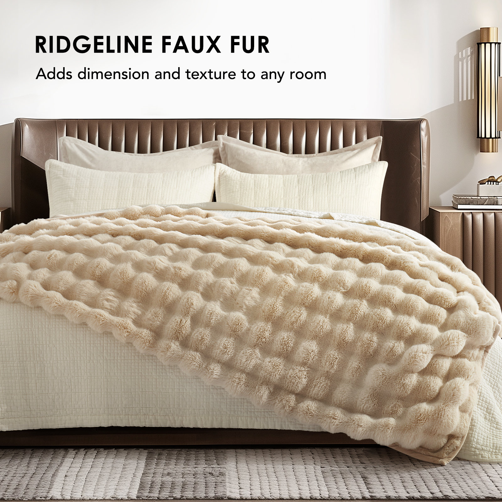 Faux Fur Weighted Throw Blanket, 80" L x 60" W, Beige