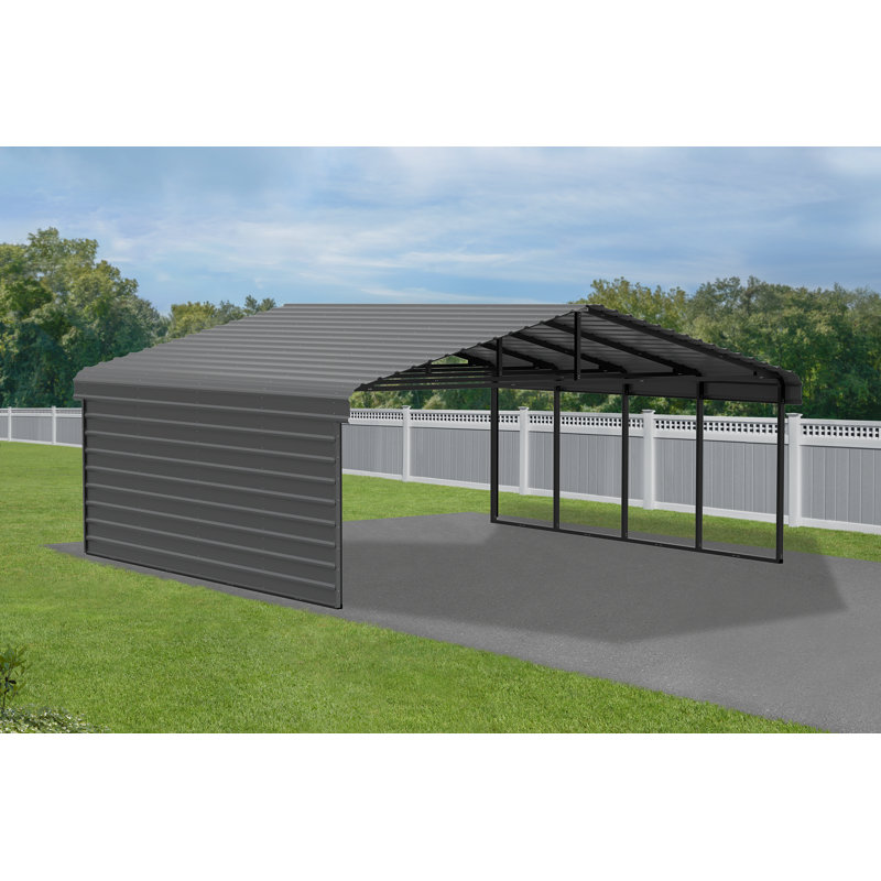 Abri d'auto en acier avec 1 ensemble de parois latérales, 20 x 20 x 7, Blanc, H 9 pi 10 po x l 20 pi 3 po x P 19 pi 9 po