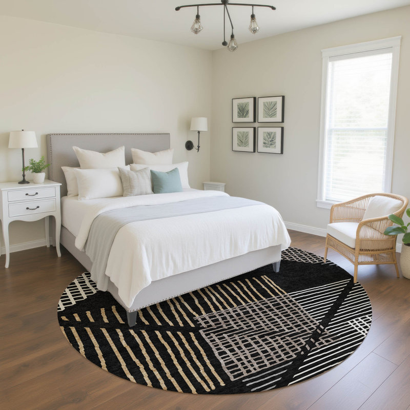Premium Machine Washable Mayfield AMF2270 Striped Rug, 8' Round, Black