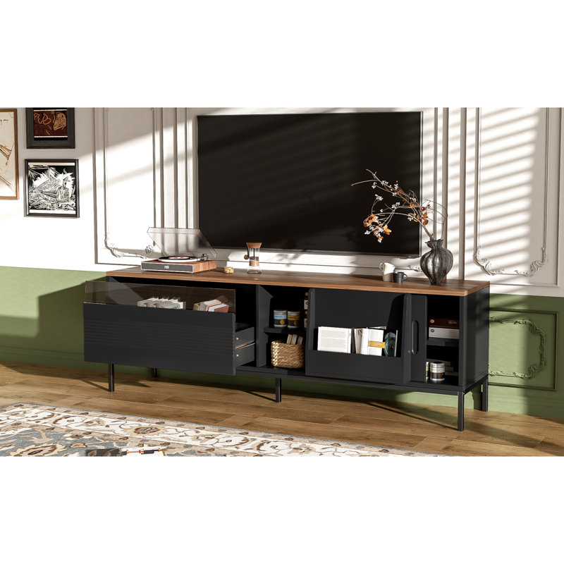 U-Can 70.8'' Modern TV Stand For Tvs Up To 75 Inches, Entertainment Center With Storage Space, Sliding Doors, Adjustable Shelves And Metal Frame, Mid Century Modern Media TV Console Table For Living R