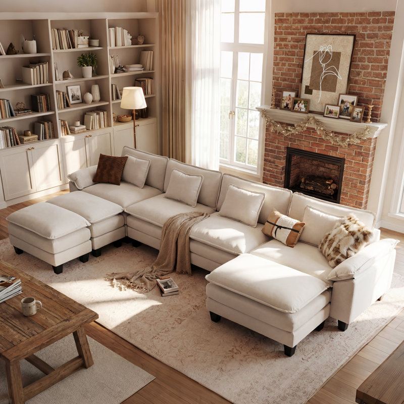 Brazell 154" W U-Shaped Modular Sectional Sofa, Cloud Couch With Three Ottomans & Removable Cushions, Beige Cotton/Chenille