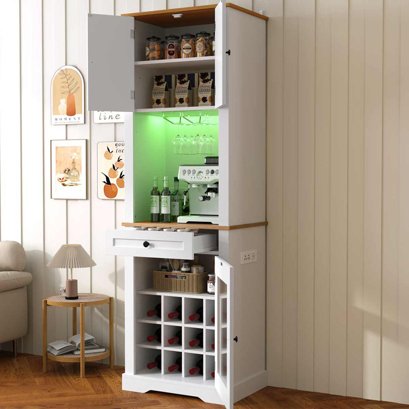 Armoire à vin 69 po avec tiroir de rangement et tablettes réglables, armoire de bar avec lumière DEL pour le salon, White