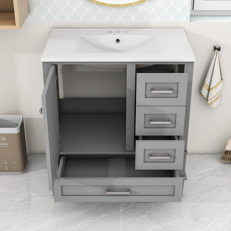 Ensemble de meuble-lavabo 30 po avec lavabo en céramique, armoire de rangement et 3 tiroirs, Gris