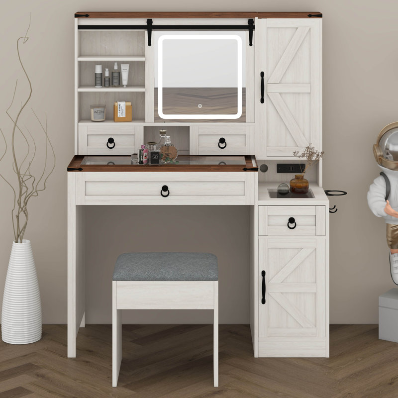 Vanity Desk With Sliding Mirror And Lights, Vanity Set With Glass Top And Charging Station, Dressing Table With 4 Drawers And 2 Cabinets
