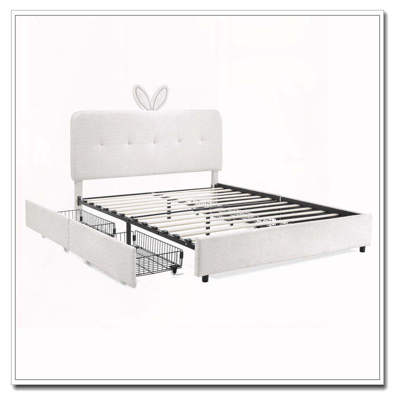 Lit tapissier avec tête de lit surdimensionnée, lumière DEL et 4 tiroirs de rangement, Beige, Lit double