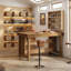 Table de couture artisanale en bois massif avec tablettes de rangement et sièges
