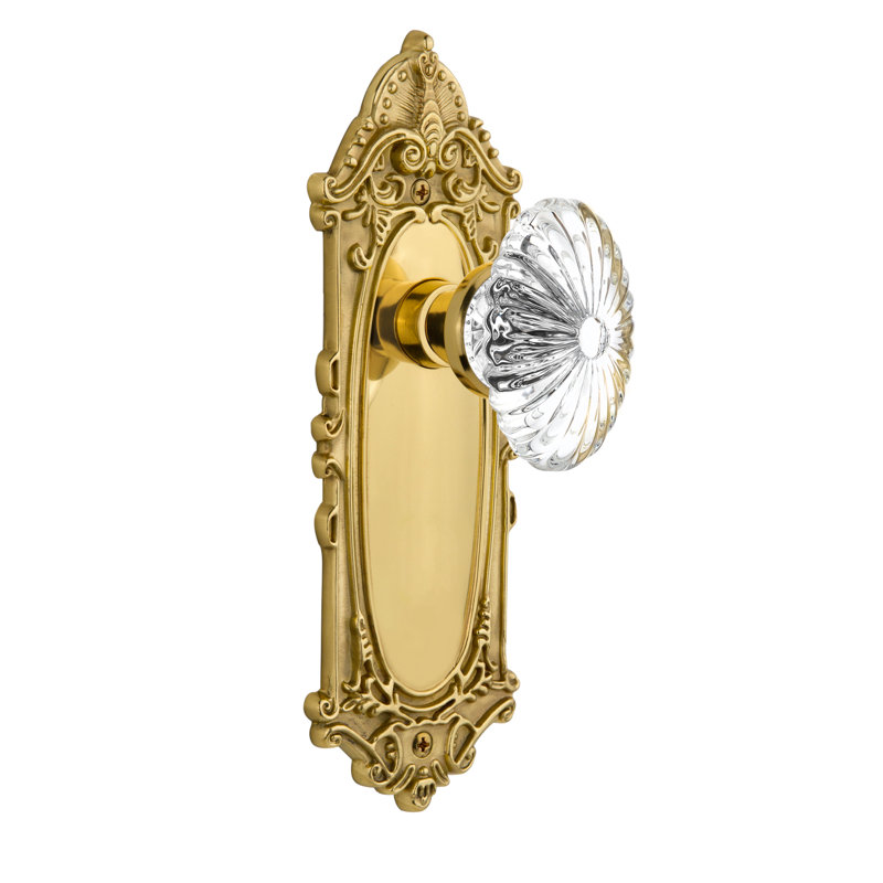Plaque victorienne avec bouton de porte ovale en cristal cannelé, Laiton non laqué, 2,375 po