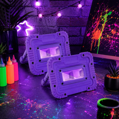2-Pack 30W Rechargeable Cordless UV Blacklights, IP65 Waterproof | Battery-Powered Lights for Halloween, Glow-in-the-Dark Parties, Painting, Night Fishing, Neon Effects and Displays
