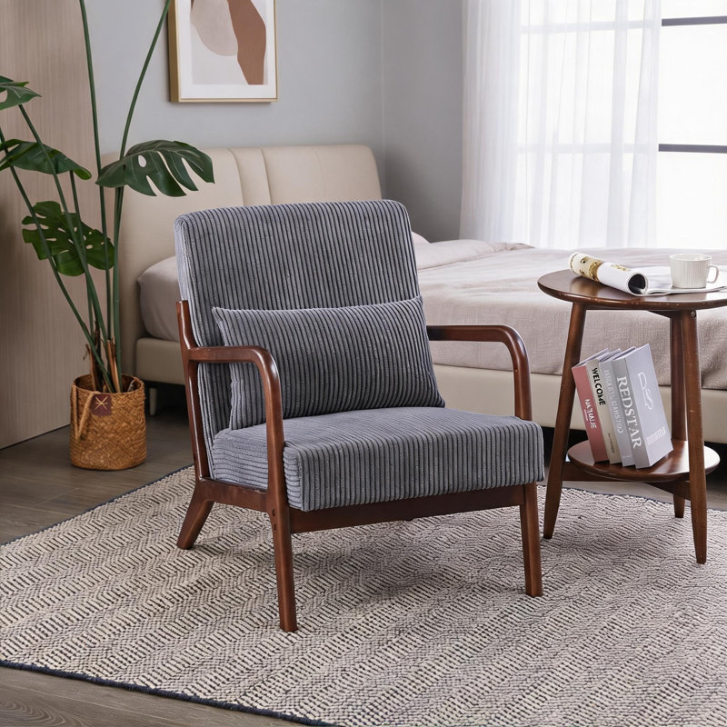 Chaise rembourrée en polyester de style Mid-Century avec structure en bois massif, gris froid, Gris, Noyer