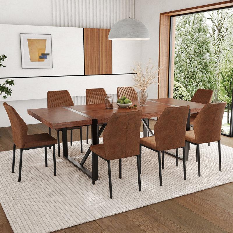 Ensemble de table de salle à manger 87 pouces en bois avec chaise rembourrée en similicuir, 9 pièces : table, 8 chaises, Brun