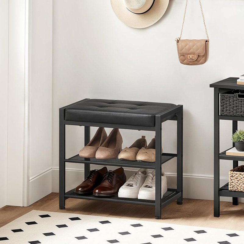 Petit banc à chaussures, étagère à chaussures à 3 niveaux, banc de rangement pour chaussures avec coussin de siège en polyuréthane, banc de rangement pour chaussures d'entrée avec tablettes en maille métallique, range-chaussures autoportant pour le couloir, noir