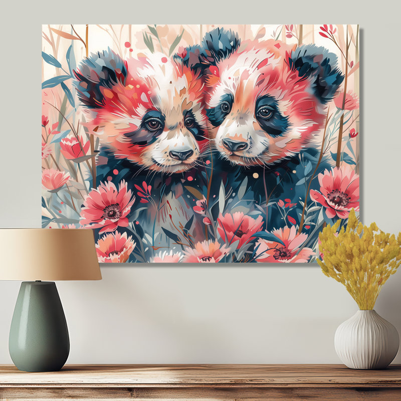Rose et noir, Pandas, prairie I - Panda, art mural, Sans cadre, H 24 po x l 32 po
