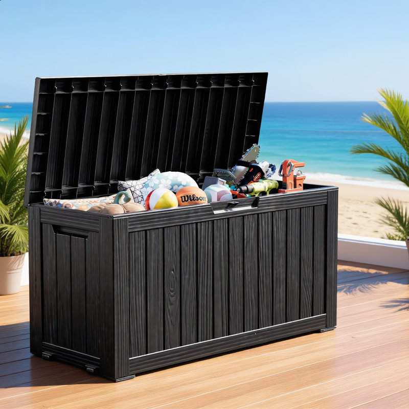 80 Gallon Lockable Resin Deck Box, Waterproof Outdoor Patio Storage Box For Garden Tools & Patio Furniture, Black