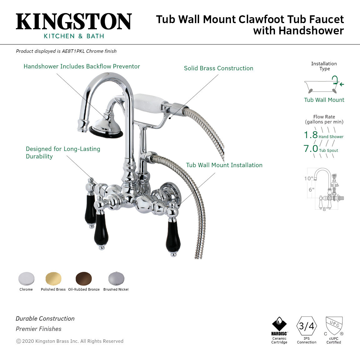 Duchess Wall Clawfoot Tub Faucet with Hand Shower, Chrome