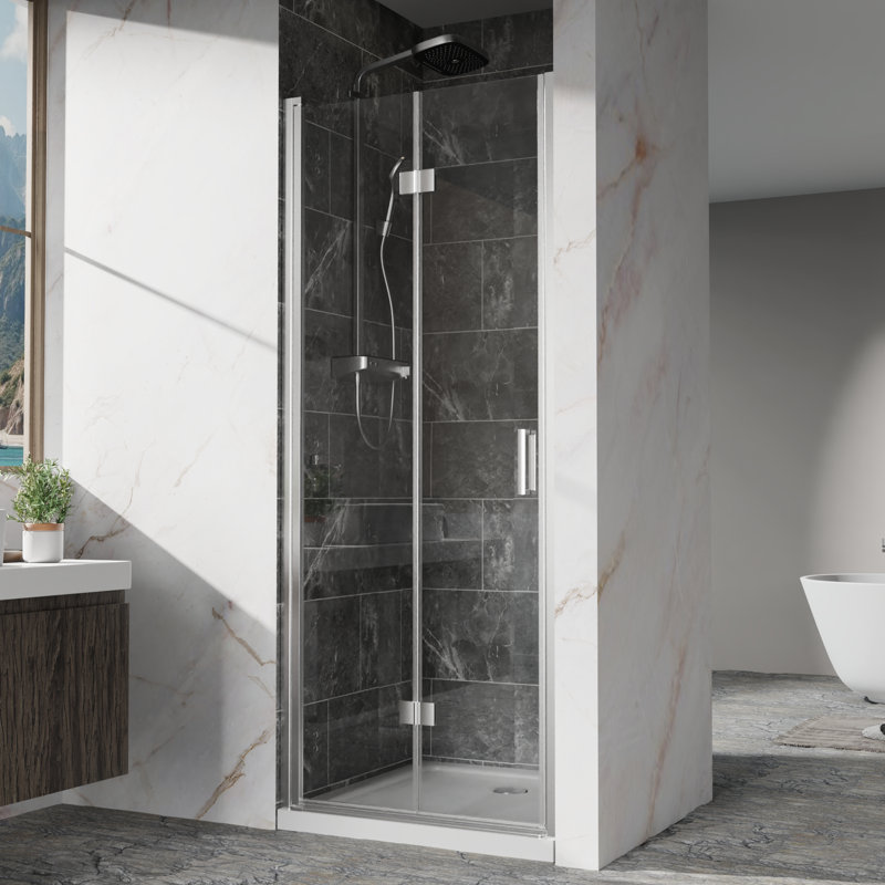72 Inches High Bi - Fold Swing Pivot Shower Door With 1/4" Tempered Glass, Zinc Alloy Handles, And Waterproof Performance 32 33 In. W X H  6Mm  Clear Finish Hardware, Reversible Installation For