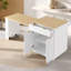 Îlot de cuisine cannelé K&K de 210 cm avec table à manger extensible pour 4 à 6 personnes, table d'îlot avec prise électrique, table de cuisine avec rangement double face, 2 tiroirs et 2 étagères latérales ouvertes.-1485840461