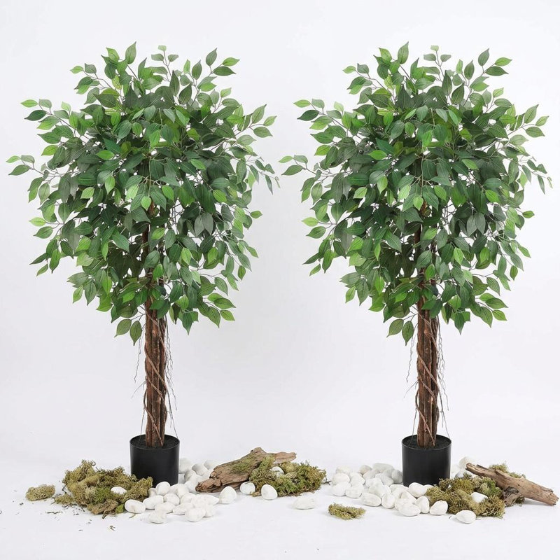 6ft Artificial Ficus Trees Set of 2 with 1008 Flat Leaves, Dual Trunks, Realistic Faux Greenery in Black Pots for Home, Office, or Living Room Decor – 78"H, 1 Box for 2 Banyan Trees