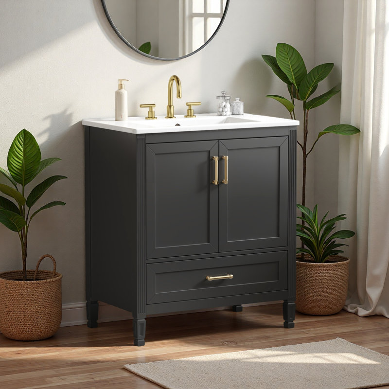 Meuble-lavabo cannelé élégant 30 po avec lavabo en céramique, Black