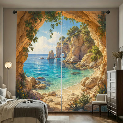 2 PCS magnifiques rideaux de poche à tringle filtrant la lumière de la grotte tropicale, de la plage, de la plage, des rideaux lumineux, des décorations de vacances côtières lumineuses, des décorations toutes saisons pour le salon, la chambre à coucher, le dortoir, le paysage de grotte de bord de mer
