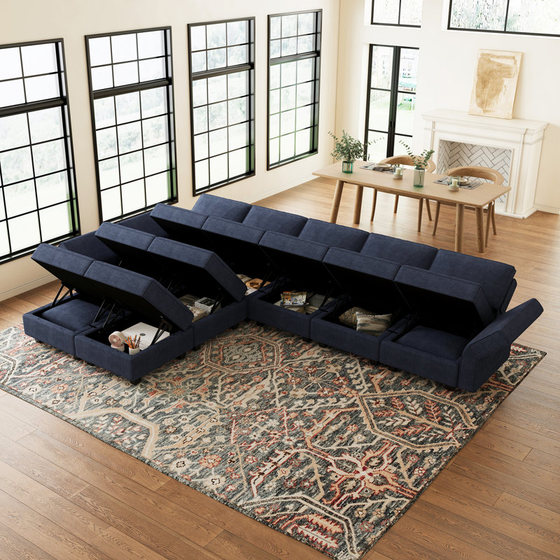 Canapé modulaire en velours réversible 9 pièces avec rangement Wylodene, Velours côtelé bleu