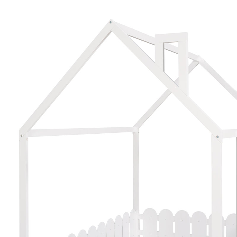 Wooden Floor House Bed Frame with Safety Fence, Full, White