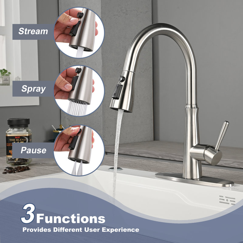 Brushed Nickel Stainless Steel High Arc Kitchen Faucet with Pull Down Sprayer
