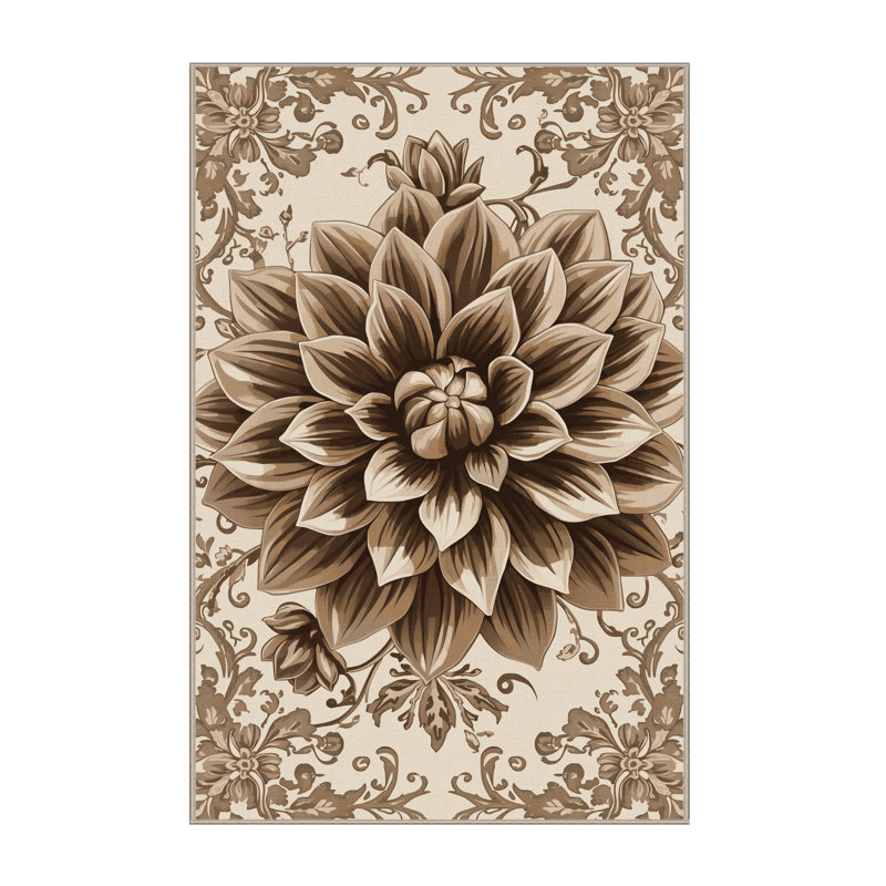 Machine Washable Paesyn Dahlia Ornate Traditional Floral Rug in Beige – Beige Binding, 5x8