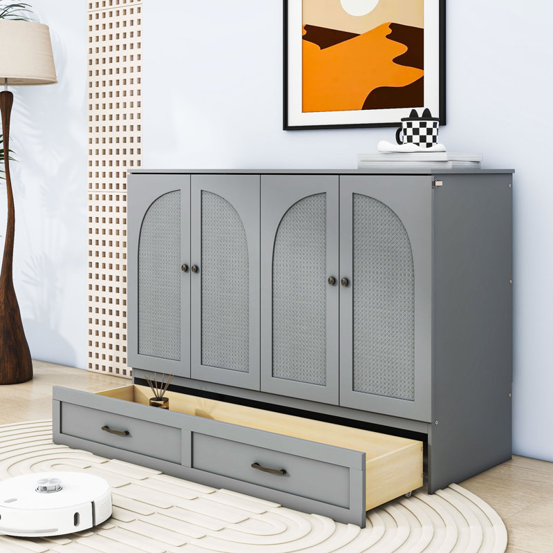 Carlysia Wooden Murphy Bed with Storage Drawers and Built-In Charging Station, Gray, Full / Double