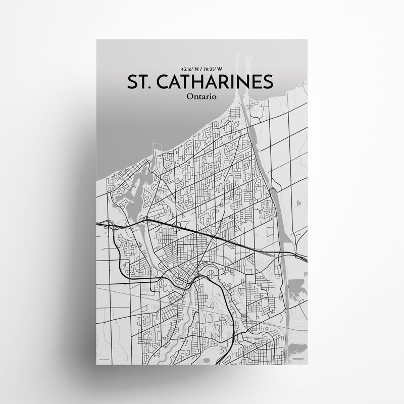 St. Catharines City Map, impression, H 17 po x l 11 po, Gris / blanc